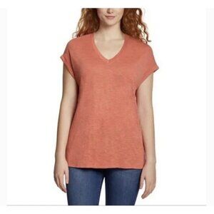 Jessica Simpson V-Neck T-Shirt, Women's Color Orange Comfy Knit Top Size L NWT
